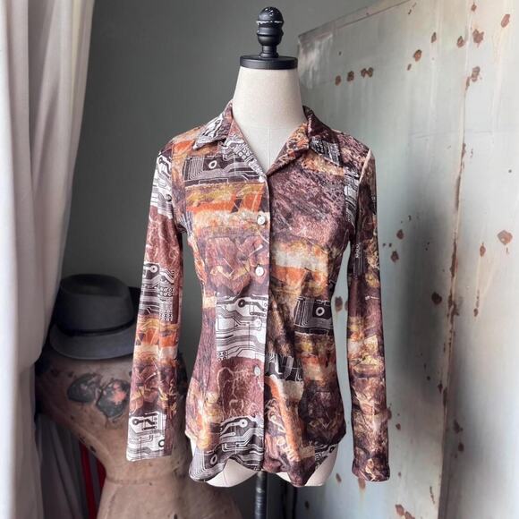 Vintage 90s Bebe Velour Cyber Grunge Top | Bronze Circuit Print | XS/S - Picture 1 of 8